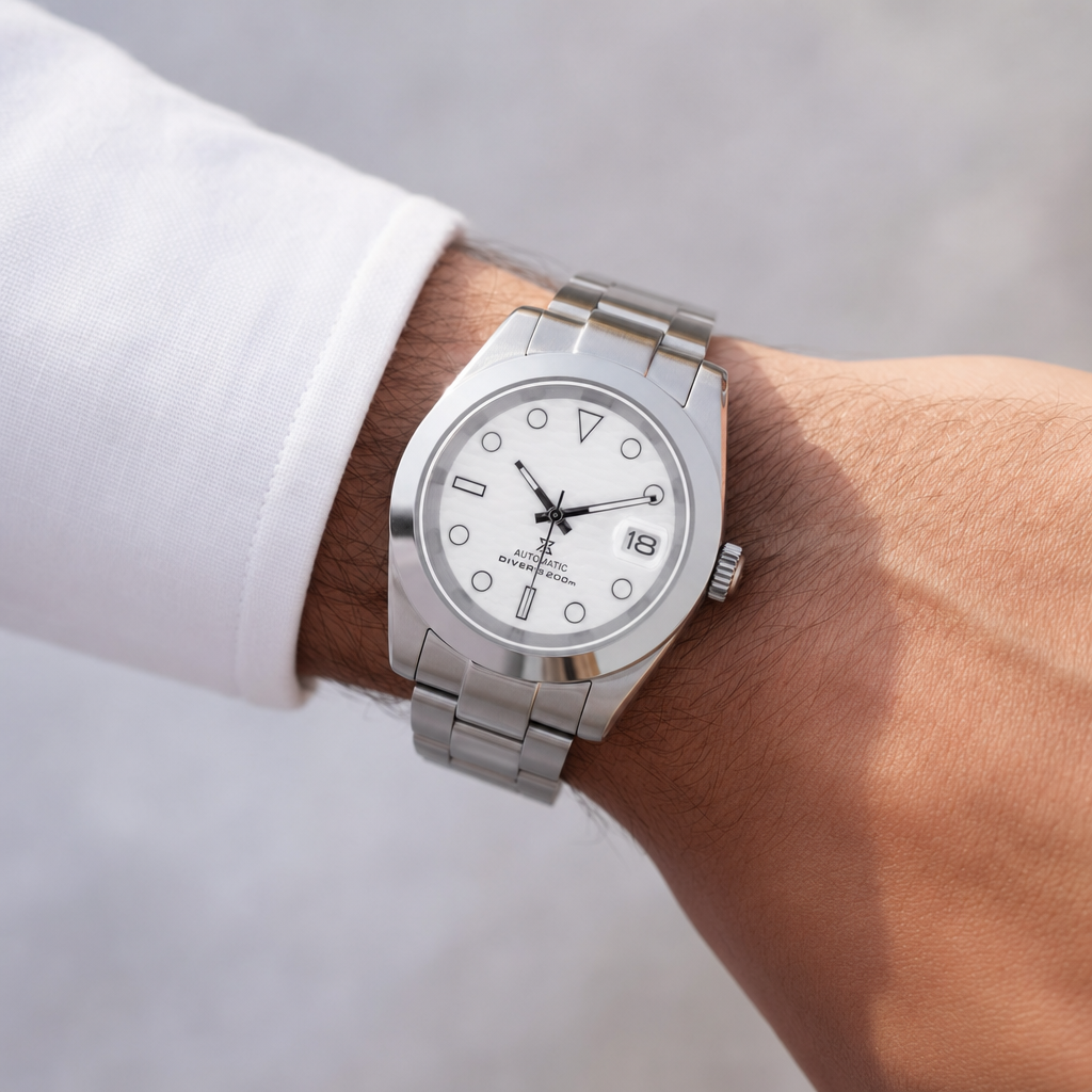 Montre Seiko mod SEIKOJUST oyster snow portée au poignet — Time2Seiko