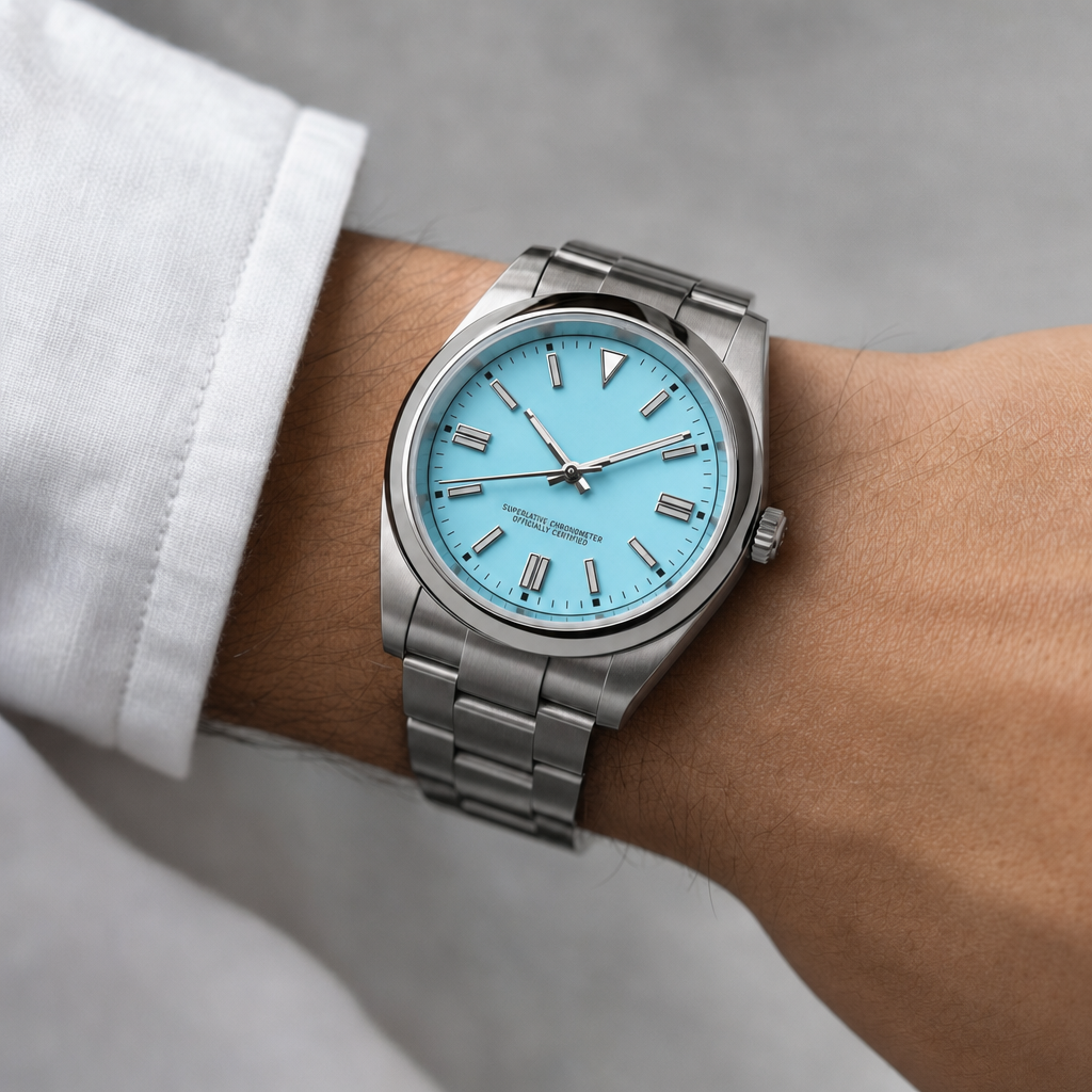 Montre Seiko mod SEIKOJUST oyster tiffany portée au poignet — Time2Seiko