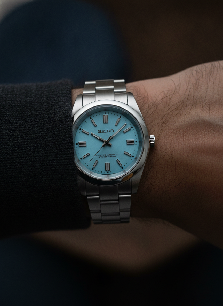 Montre Seiko Mod SEIKOJUST oyster tiffany portée au poignet