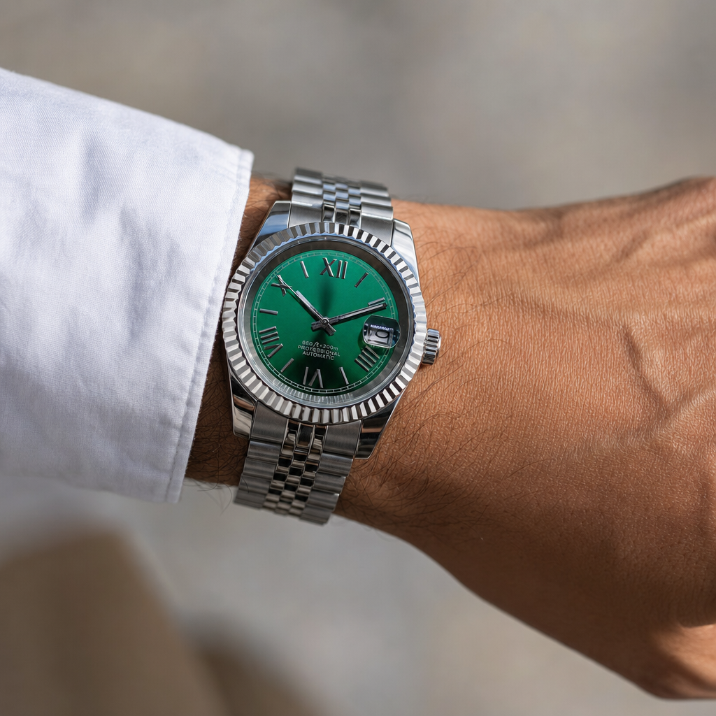 Montre Seiko mod SEIKOJUST Roman verte portée au poignet — Time2Seiko