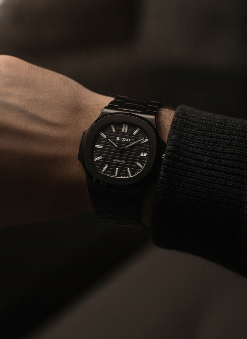 Montre Seiko Mod SEIKOLUS blacked out portée au poignet