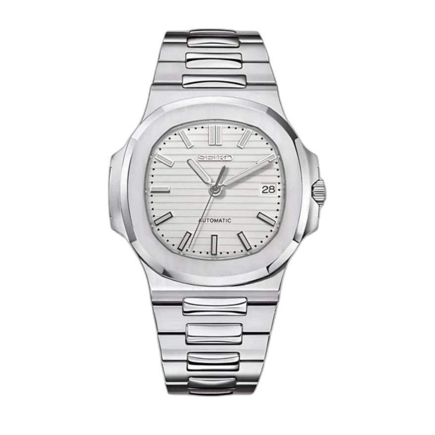SEIKOLUS blanche — cut-out packshot, striped white Nautilus dial — Seiko mod Time2Seiko