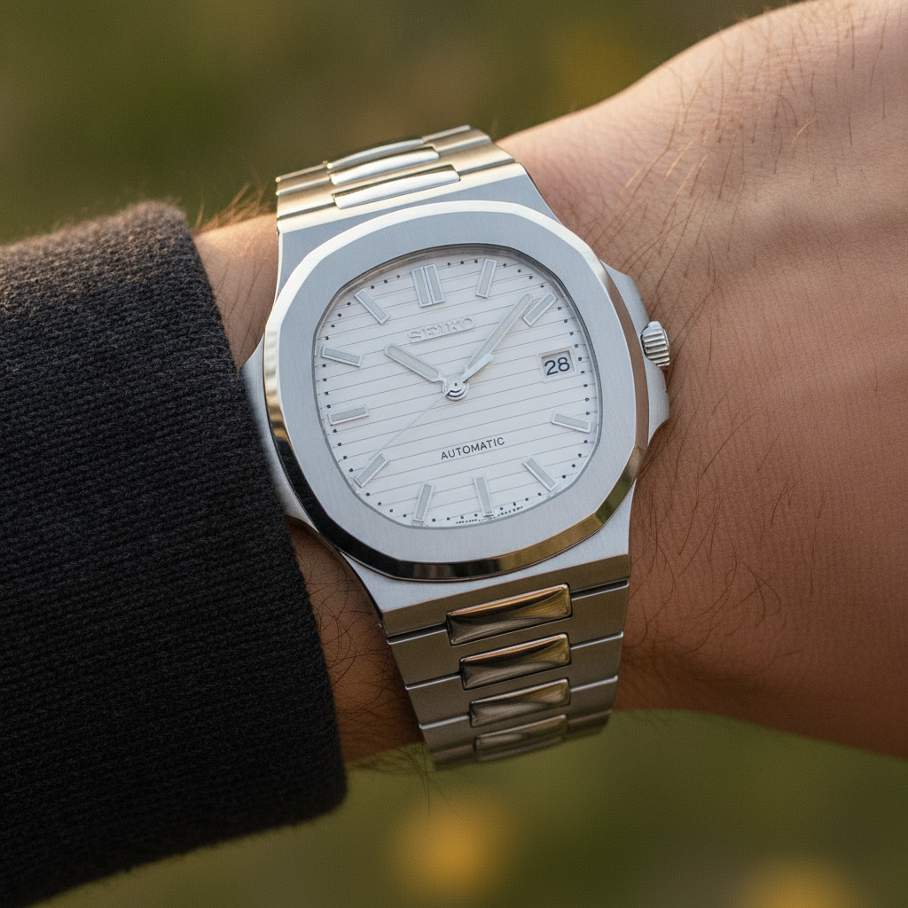 SEIKOLUS blanche — watch worn on the wrist, white dial — Time2Seiko