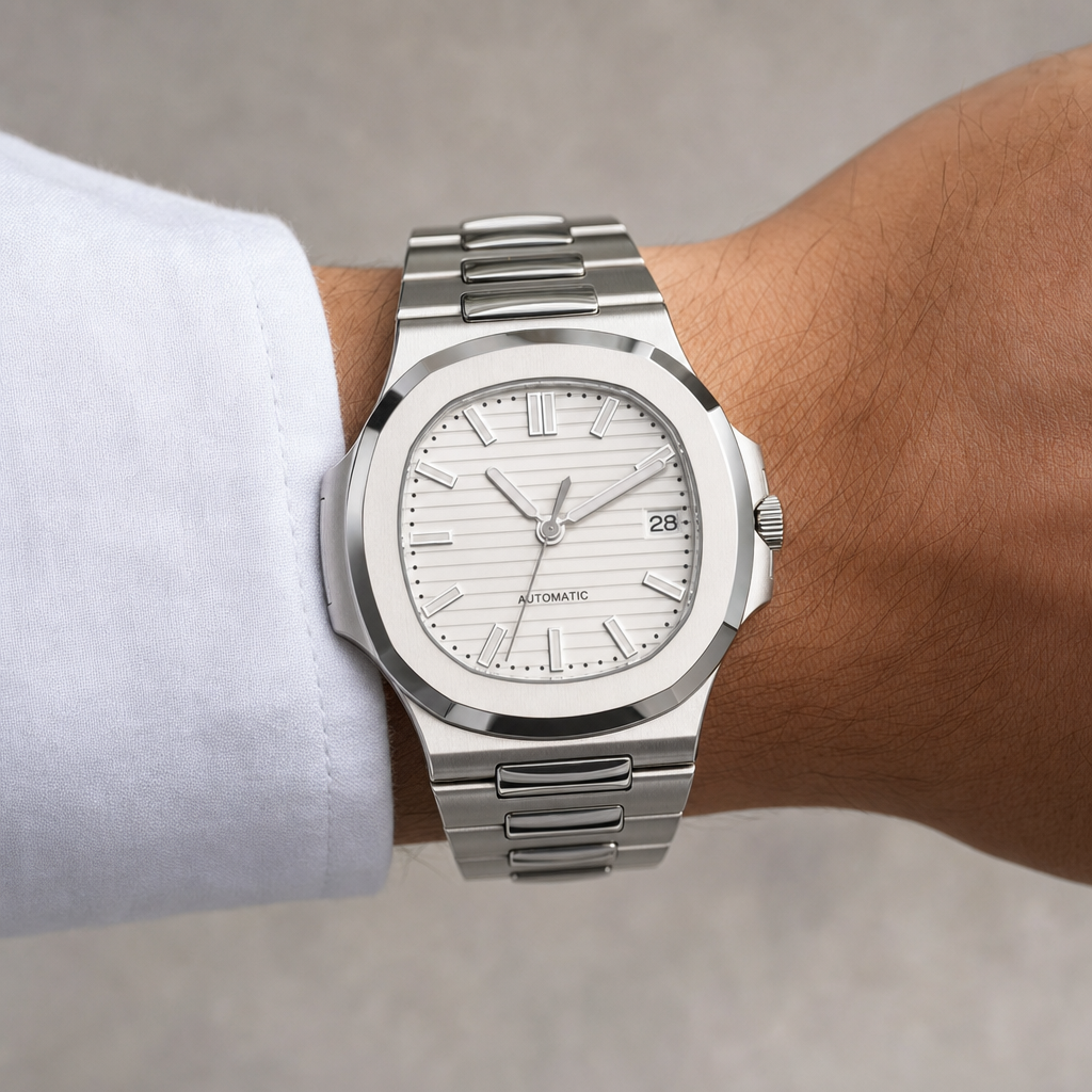 Montre Seiko mod SEIKOLUS blanche portée au poignet — Time2Seiko