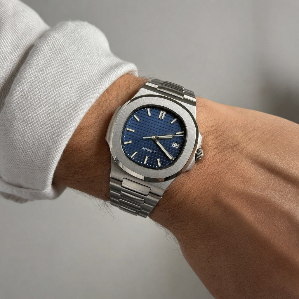 Montre Seiko mod SEIKOLUS bleue portée au poignet — Time2Seiko