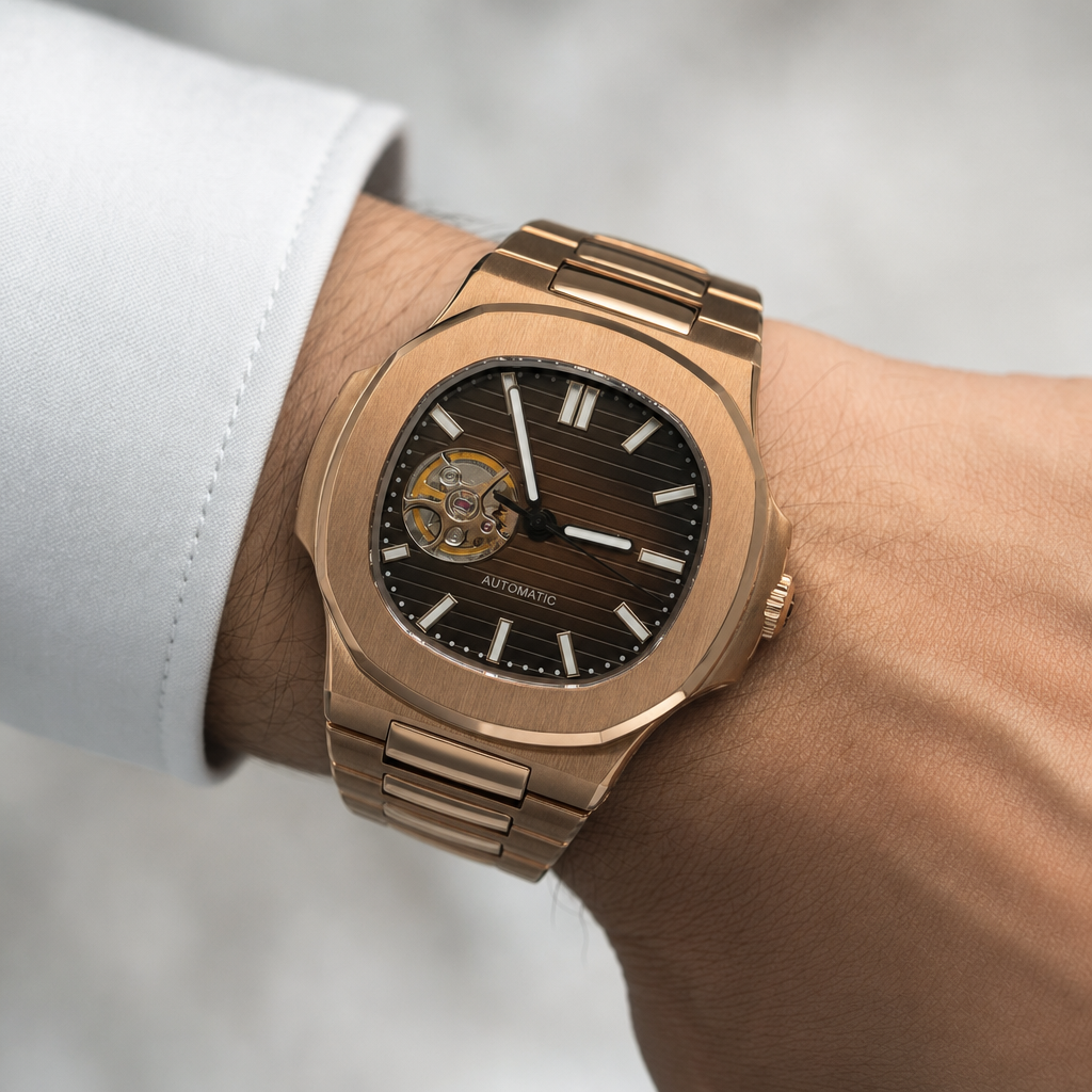 Montre Seiko mod SEIKOLUS cœur ouvert brown portée au poignet — Time2Seiko