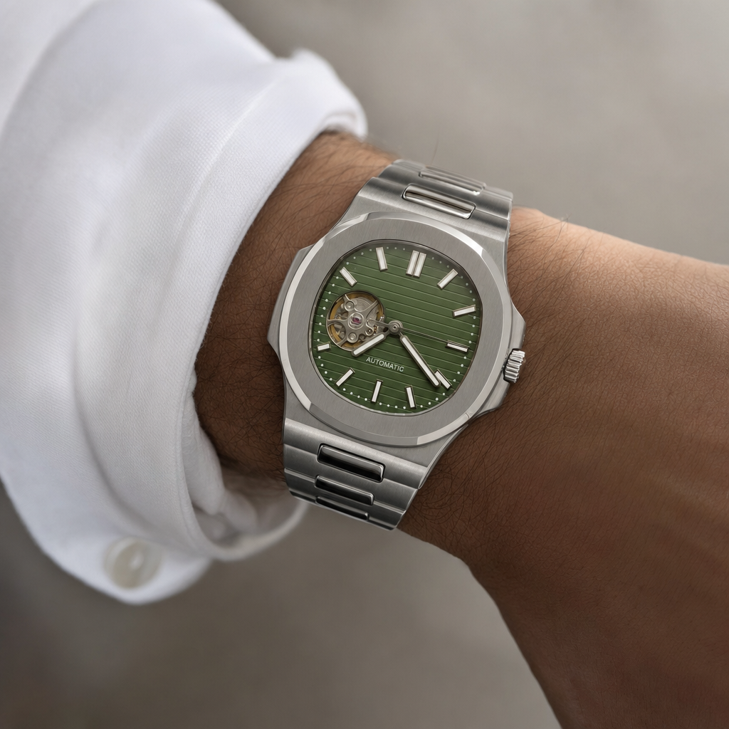 Montre Seiko mod SEIKOLUS coeur ouvert vert militaire portée au poignet — Time2Seiko