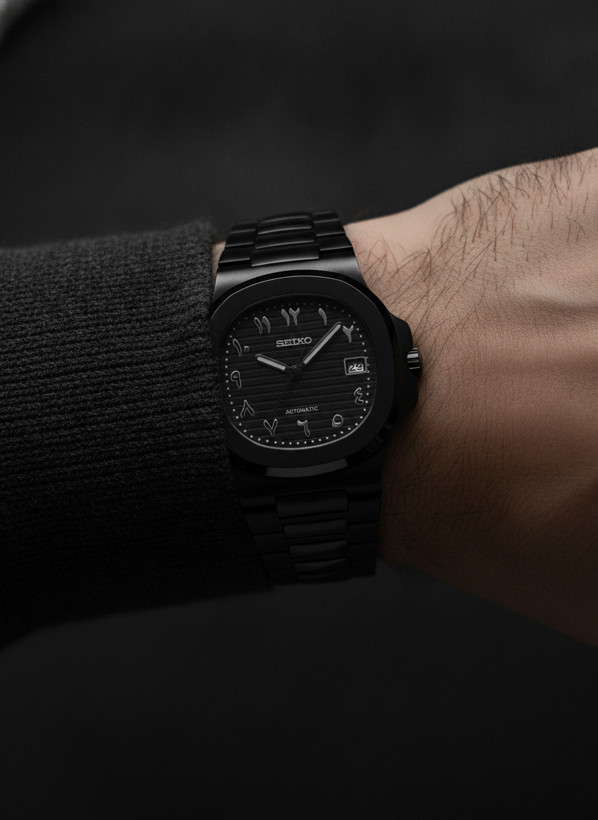 Montre Seiko Mod SEIKOLUS full black arabic portée au poignet