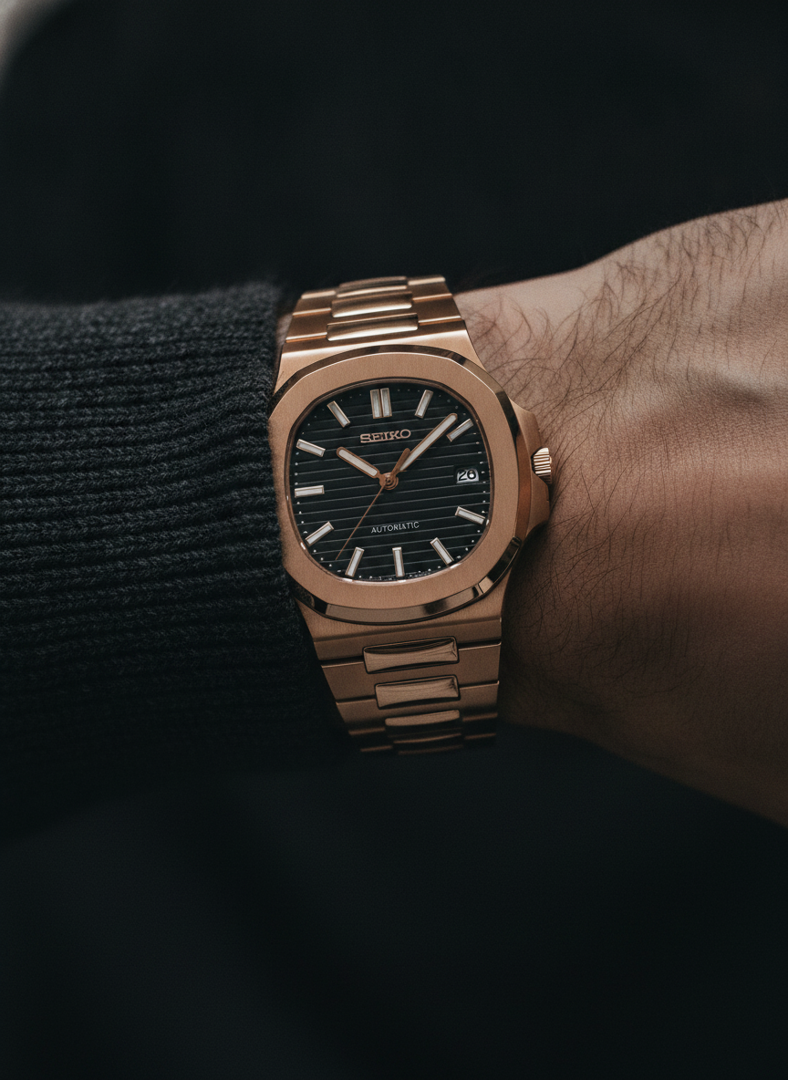 Montre Seiko Mod SEIKOLUS or rose noire portée au poignet