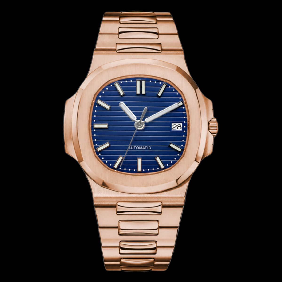 Montre Seiko mod SEIKOLUS rosegold blue, sur fond blanc — Time2Seiko