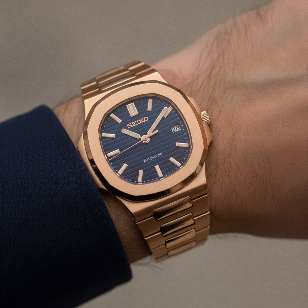 SEIKOLUS rosegold blue — worn on the wrist — Time2Seiko