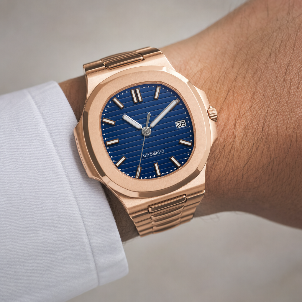 Montre Seiko mod SEIKOLUS rosegold blue portée au poignet — Time2Seiko