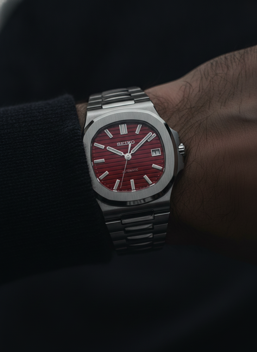 Montre Seiko Mod SEIKOLUS rouge cerise portée au poignet