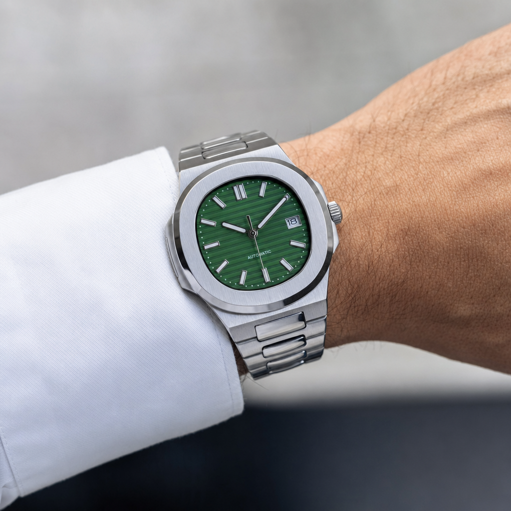 Montre Seiko mod SEIKOLUS verte portée au poignet — Time2Seiko
