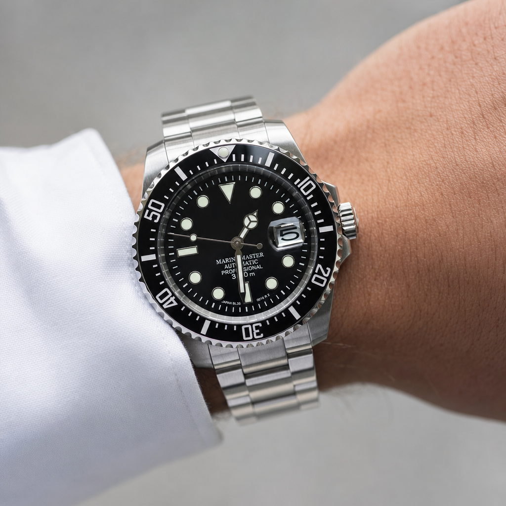 Montre Seiko mod SEIKOMARINER black portée au poignet — Time2Seiko