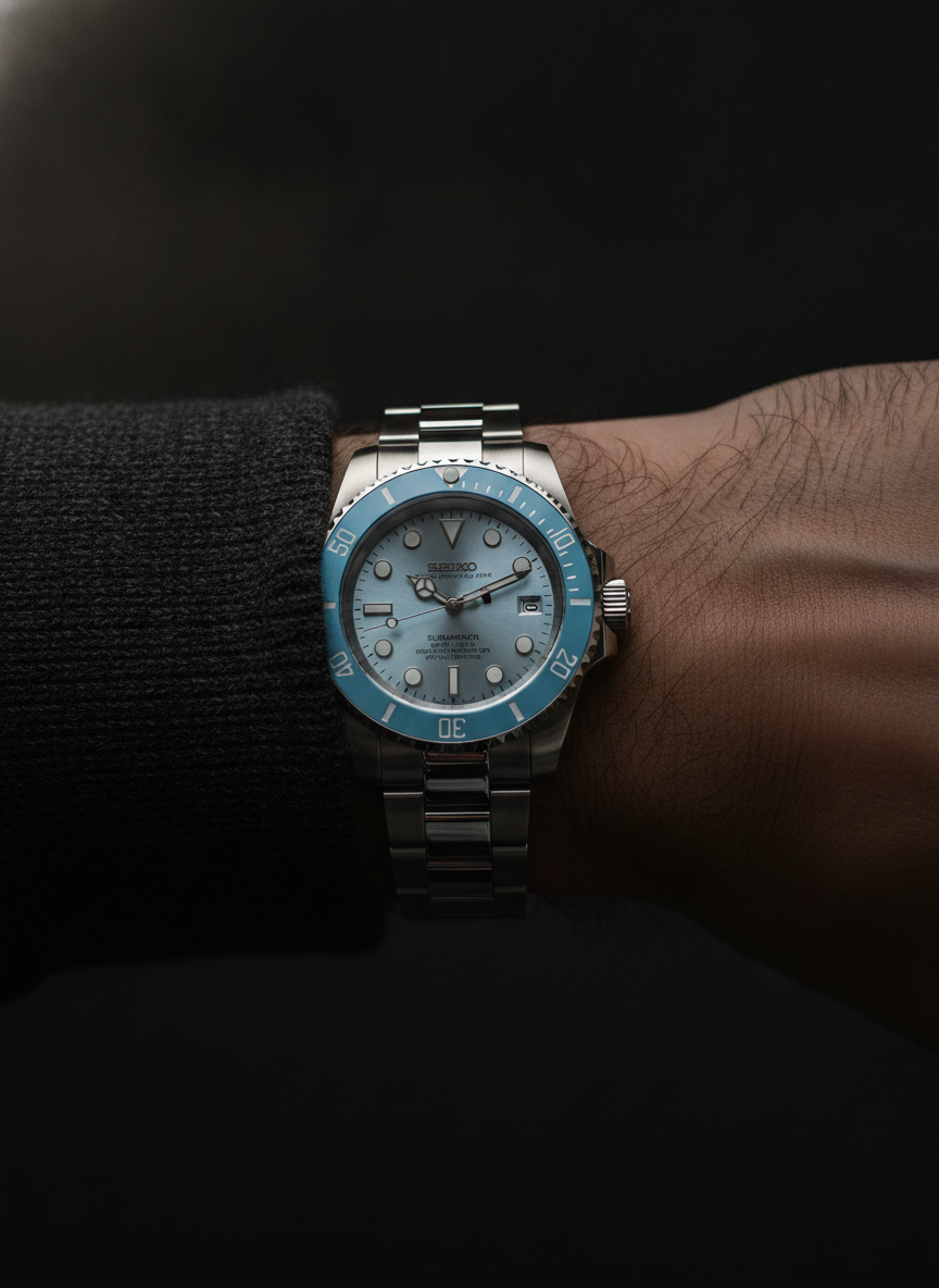 Montre Seiko Mod SEIKOMARINER bleu ciel portée au poignet