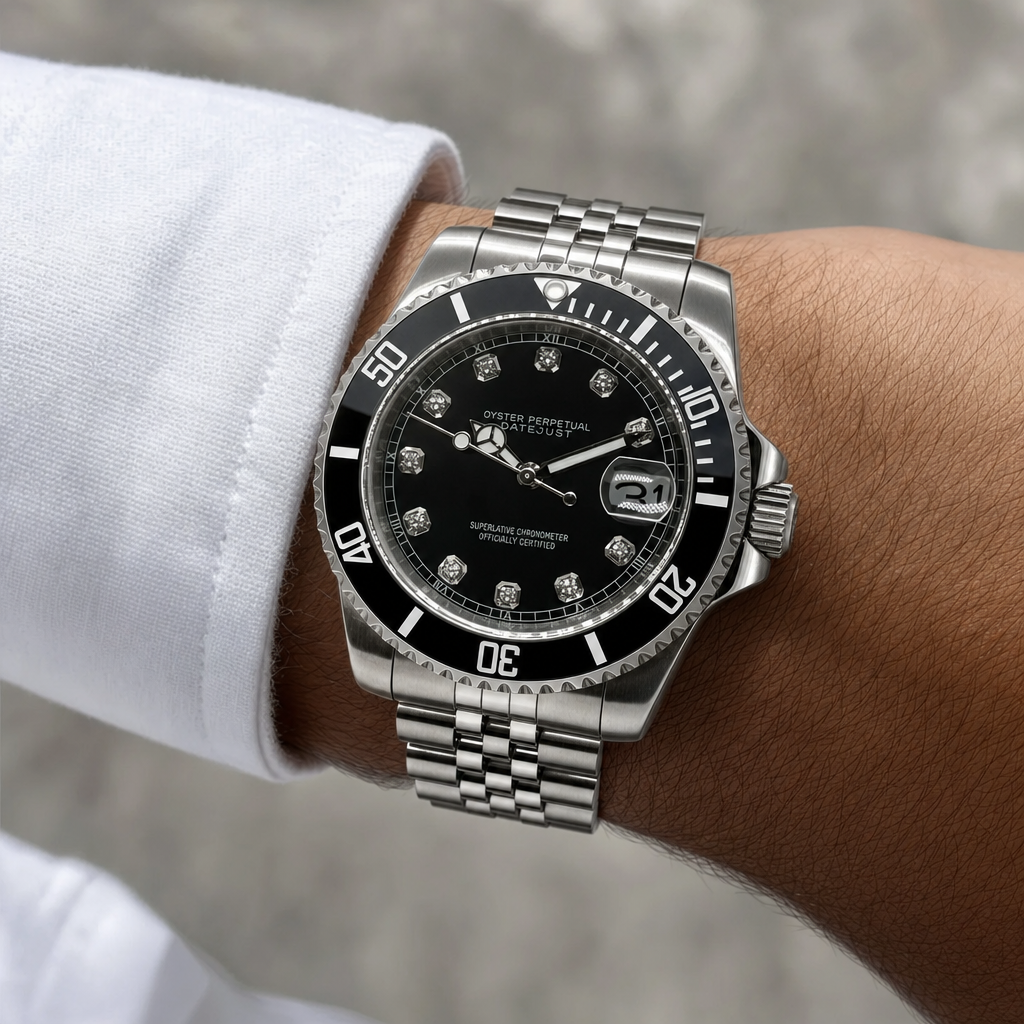 Montre Seiko mod SEIKOMARINER diamond black portée au poignet — Time2Seiko