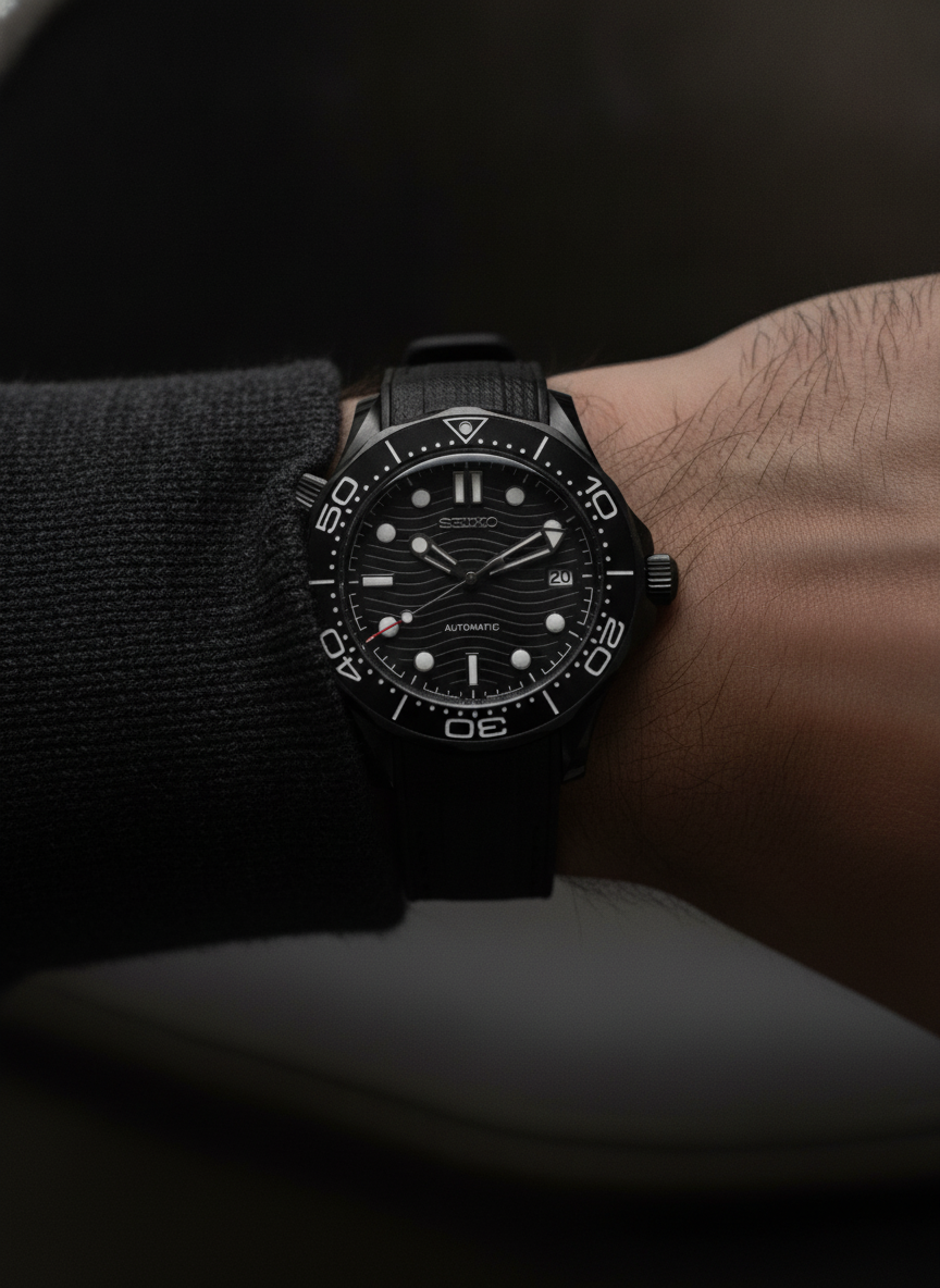 Montre Seiko Mod SEIKOMARINER master black edition portée au poignet