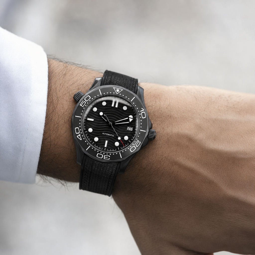 Montre Seiko mod SEIKOMARINER master black edition portée au poignet — Time2Seiko