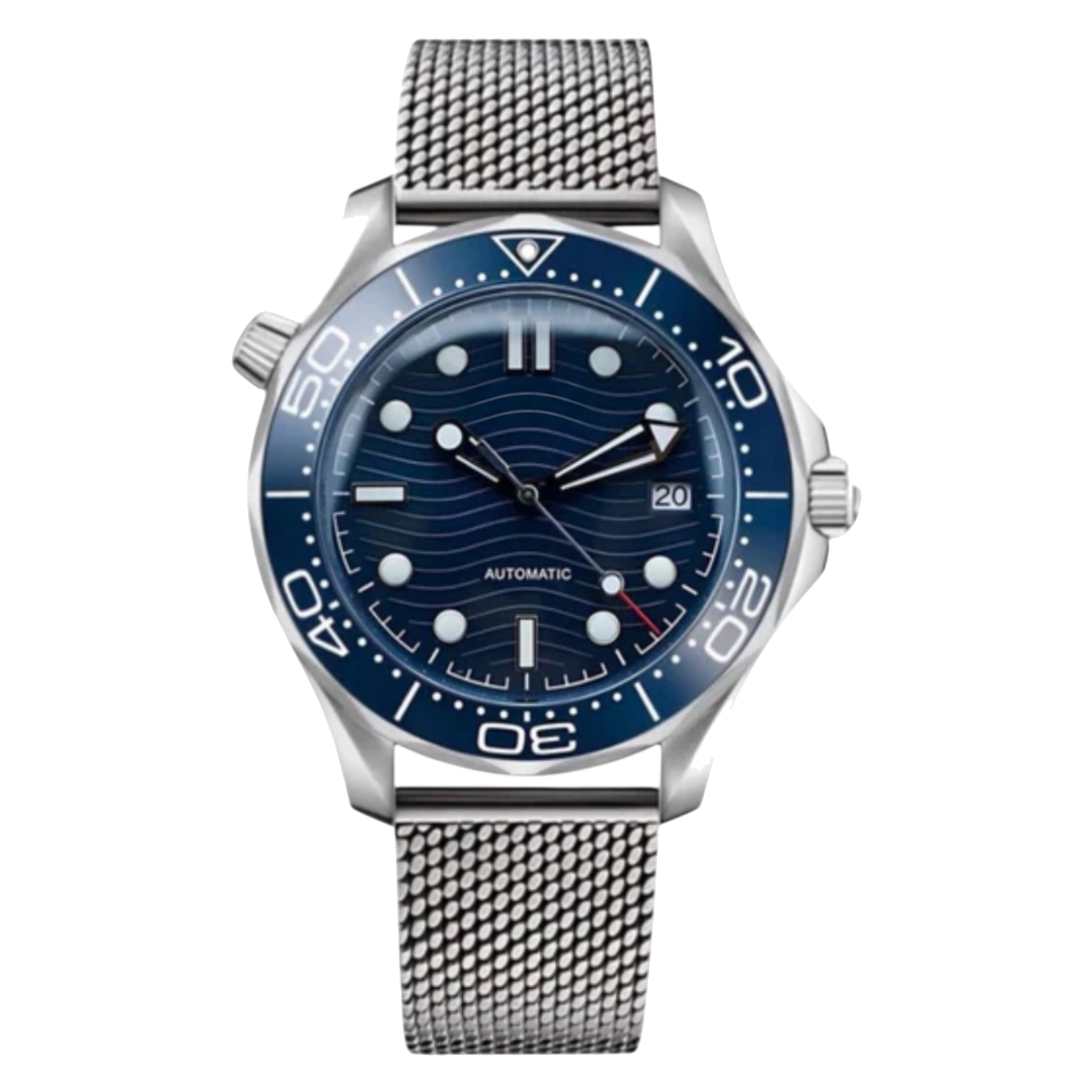 Montre Seiko mod SEIKOMARINER master bleue wire, sur fond blanc — Time2Seiko