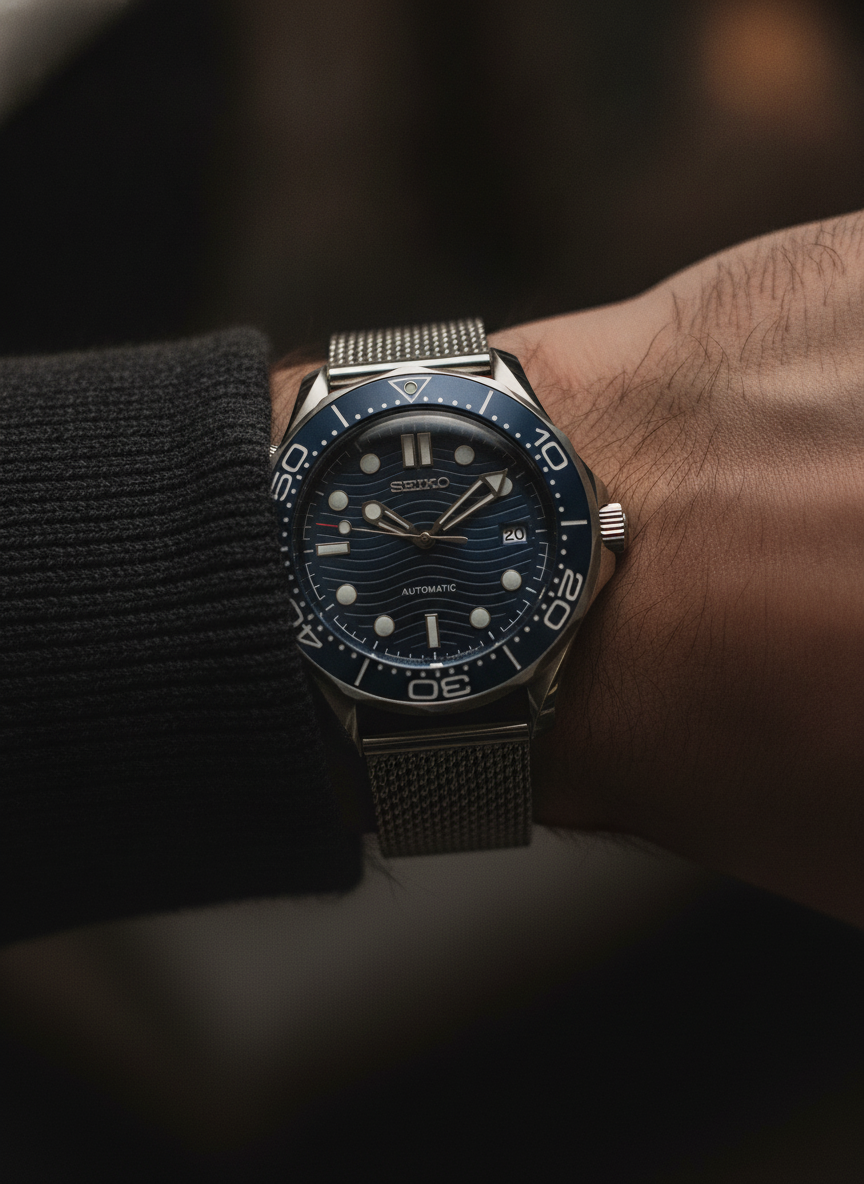 Montre Seiko Mod SEIKOMARINER master bleue wire portée au poignet