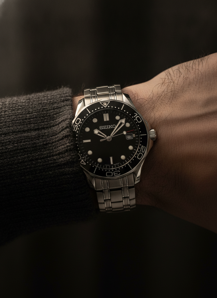 Montre Seiko Mod SEIKOMARINER master noire portée au poignet