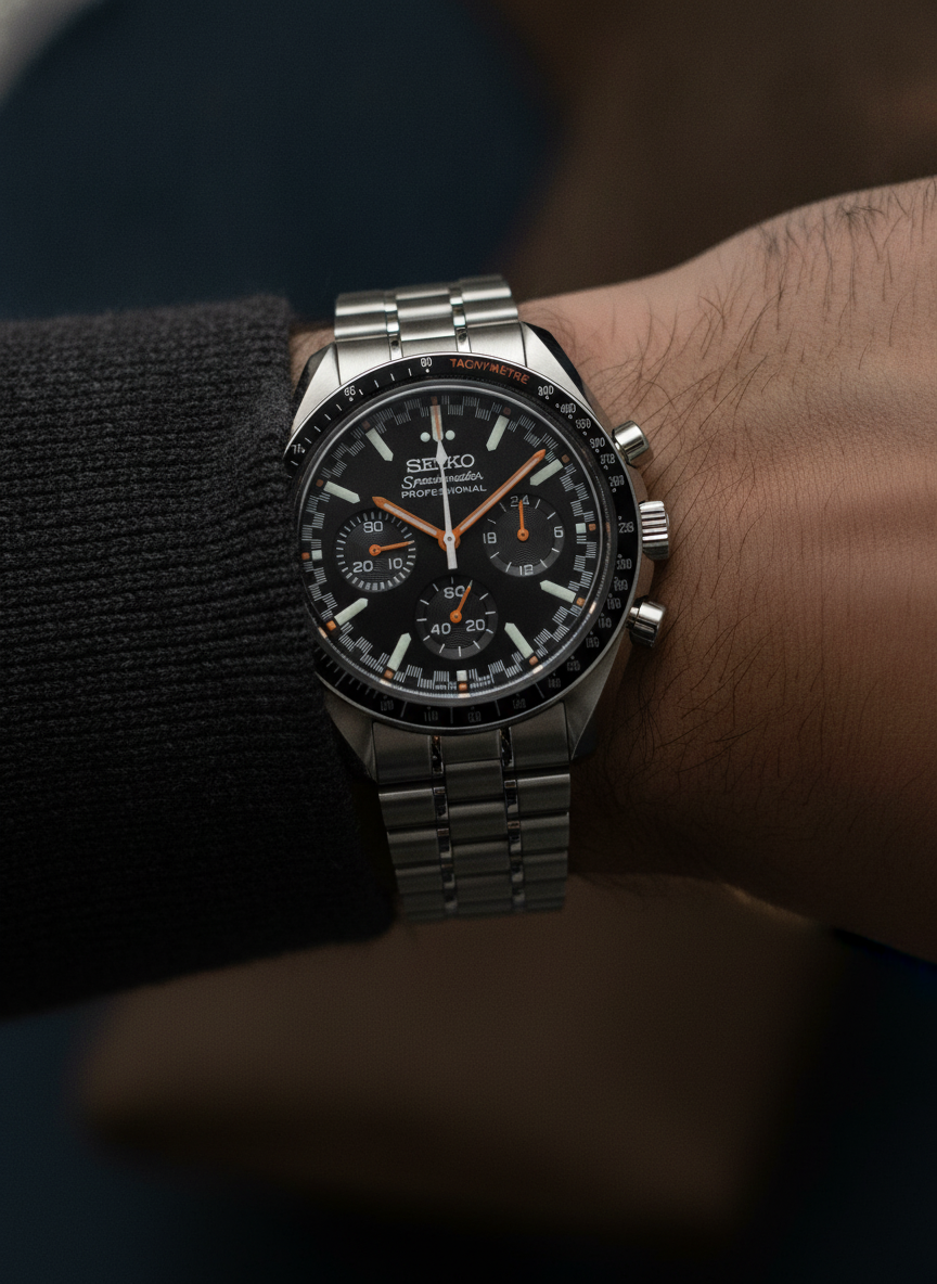 Montre Seiko Mod SEIKOMASTER moonwatch noire & orange portée au poignet