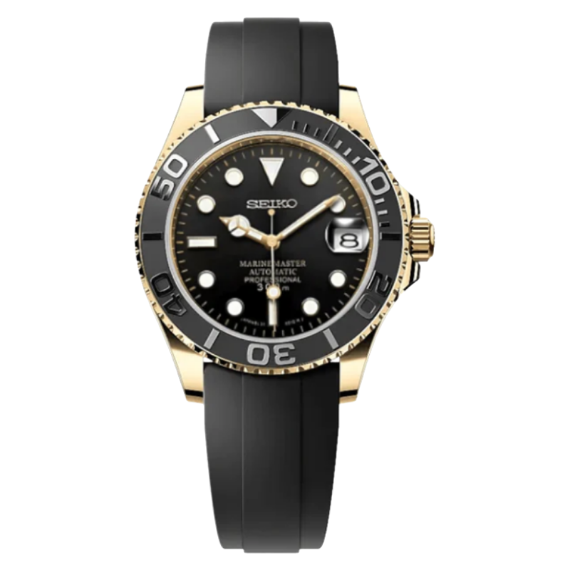 Montre Seiko Mod SEIKOMARINER or noire caoutchouc - Time2Seiko
