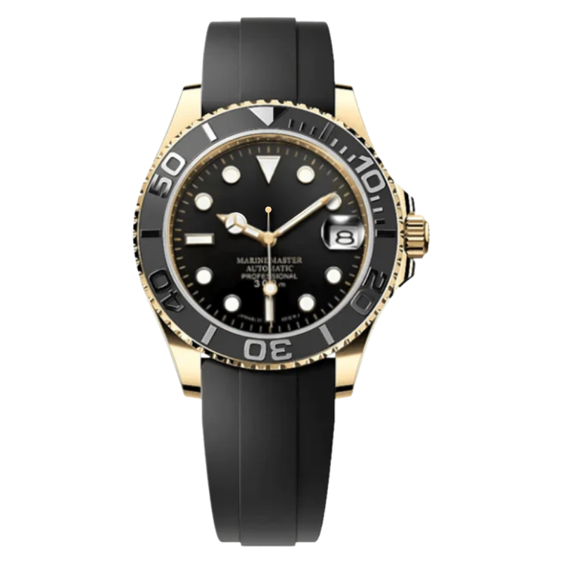 Montre Seiko mod SEIKOMARINER or noire caoutchouc, sur fond blanc — Time2Seiko