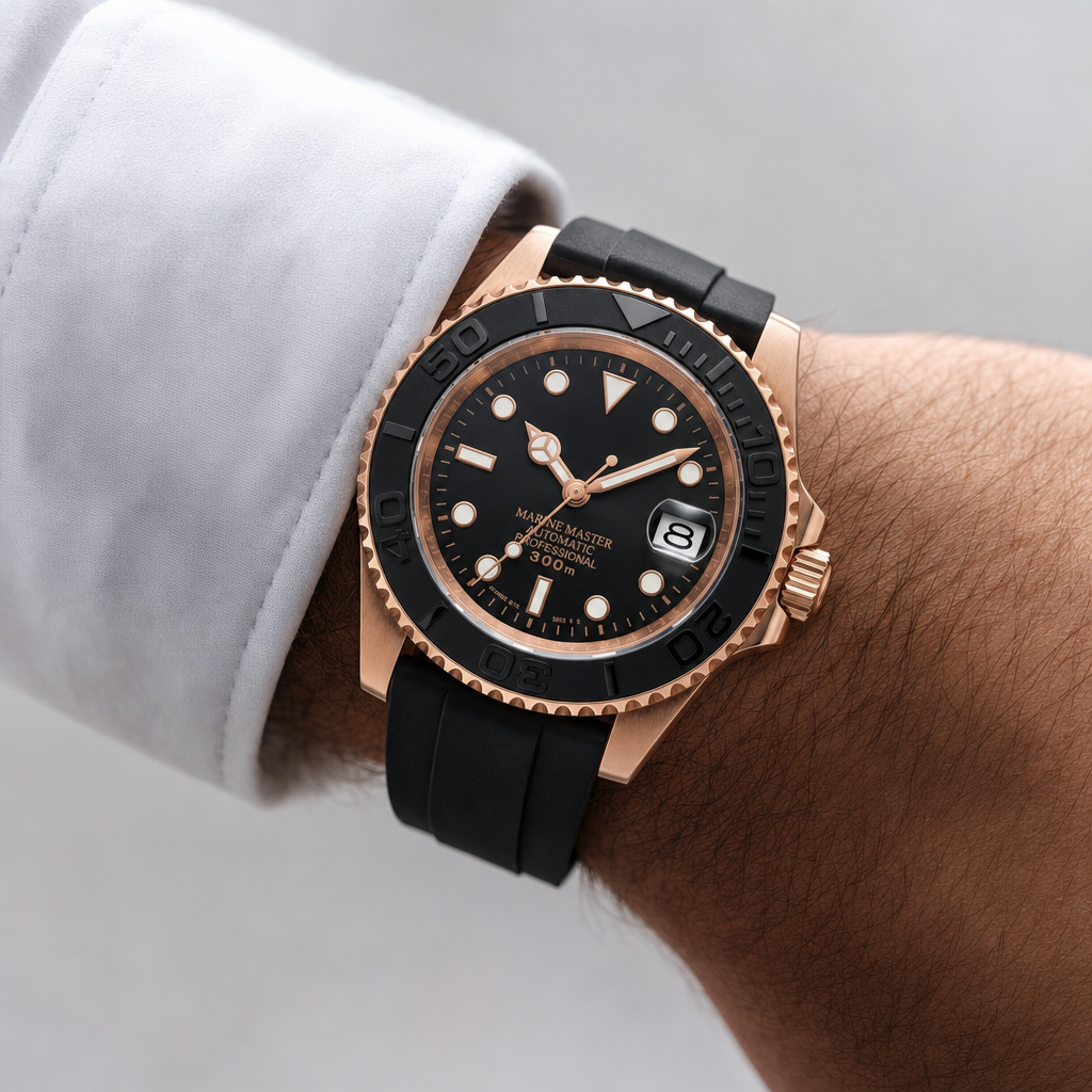 Montre Seiko mod SEIKOMARINER or rose noire caoutchouc portée au poignet — Time2Seiko