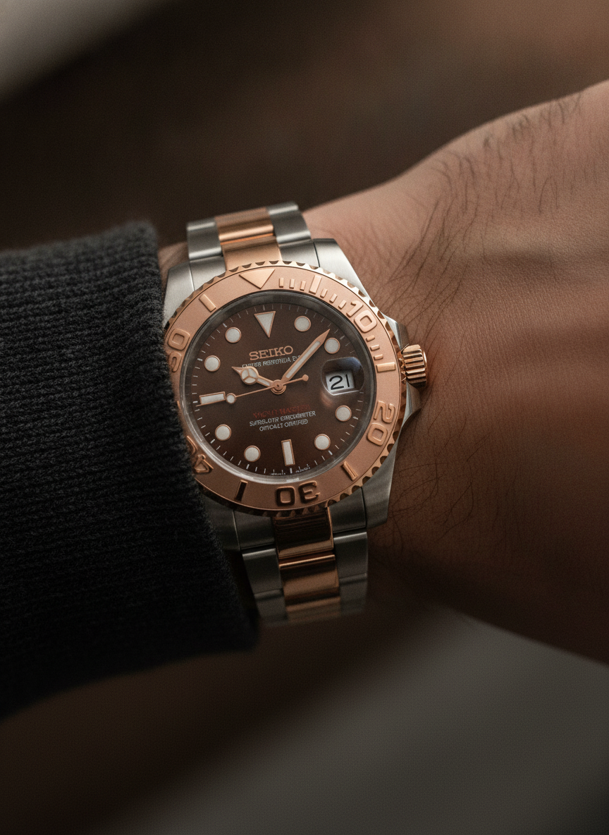 Montre Seiko Mod SEIKOMARINER or rose portée au poignet