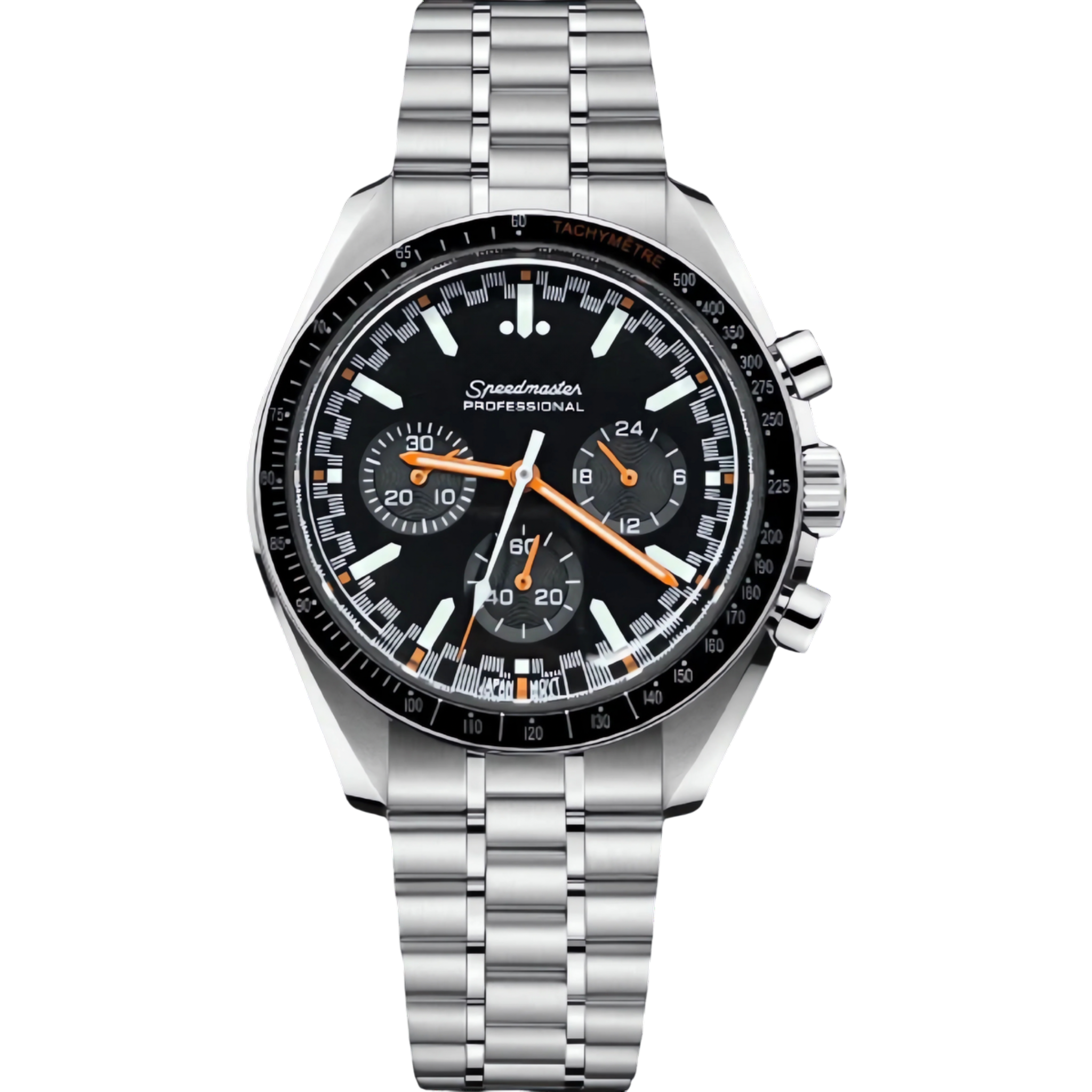 Montre Seiko mod SEIKOSPEED noire & orange, vue de face — Time2Seiko