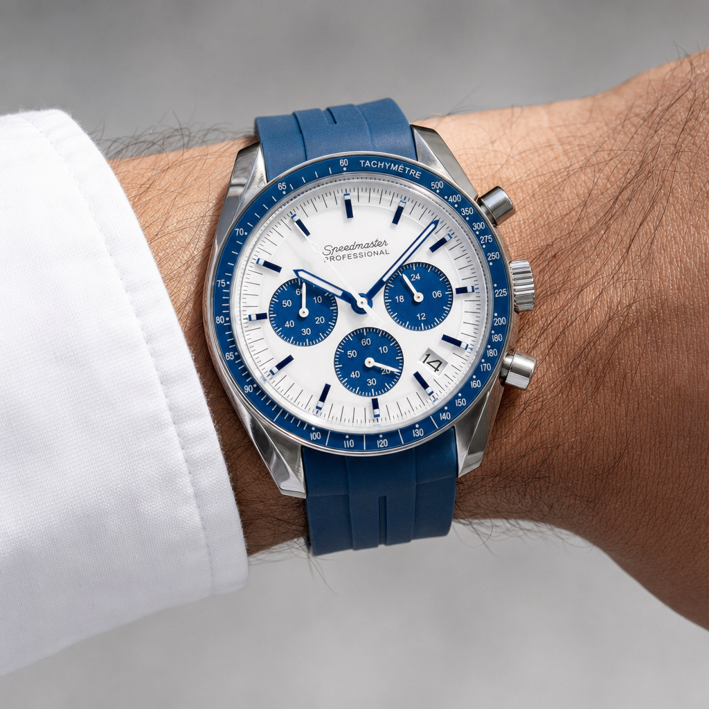 Montre Seiko mod SEIKOMASTER speed snoopy bleue portée au poignet — Time2Seiko
