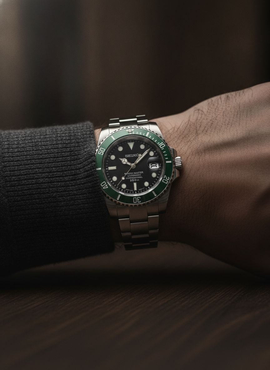 Montre Seiko Mod SEIKOMARINER starbucks portée au poignet