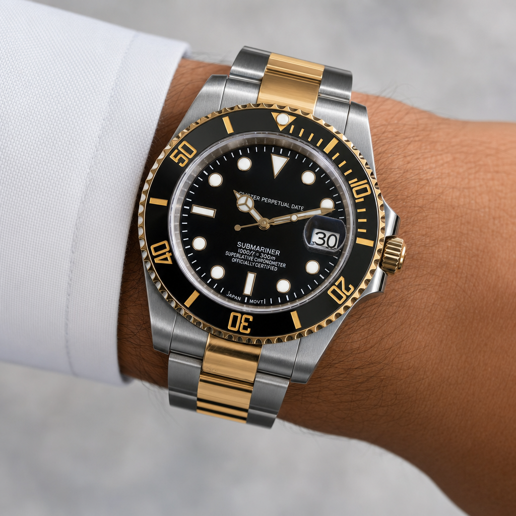 Montre Seiko mod SEIKOMARINER two tone nuit portée au poignet — Time2Seiko