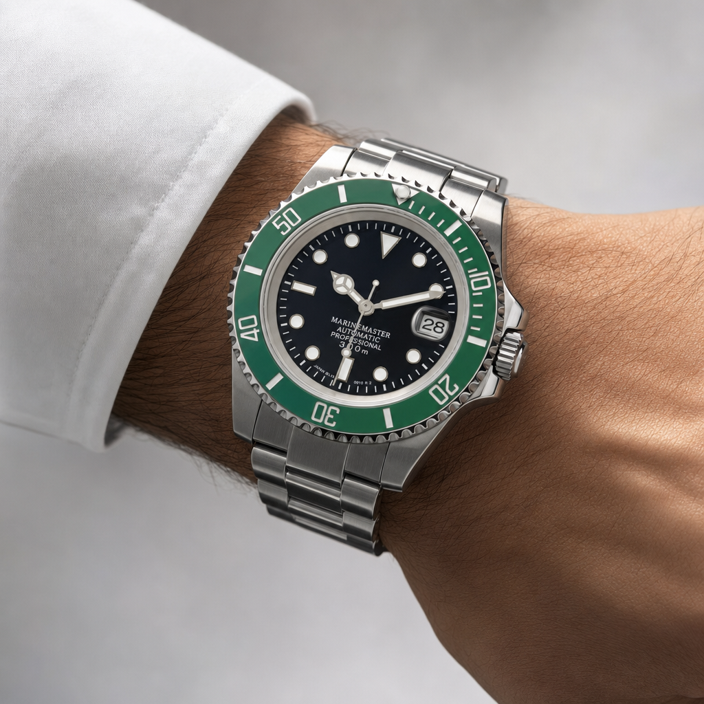 Montre mod SEIKOMARINER verte noire portée au poignet, lunette verte et bracelet oyster acier