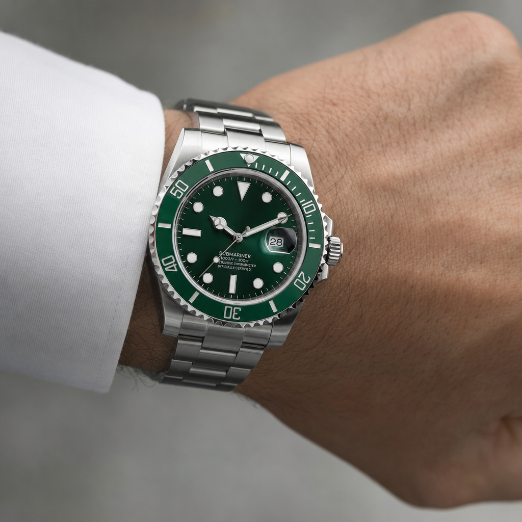 Montre Seiko mod SEIKOMARINER verte portée au poignet — Time2Seiko