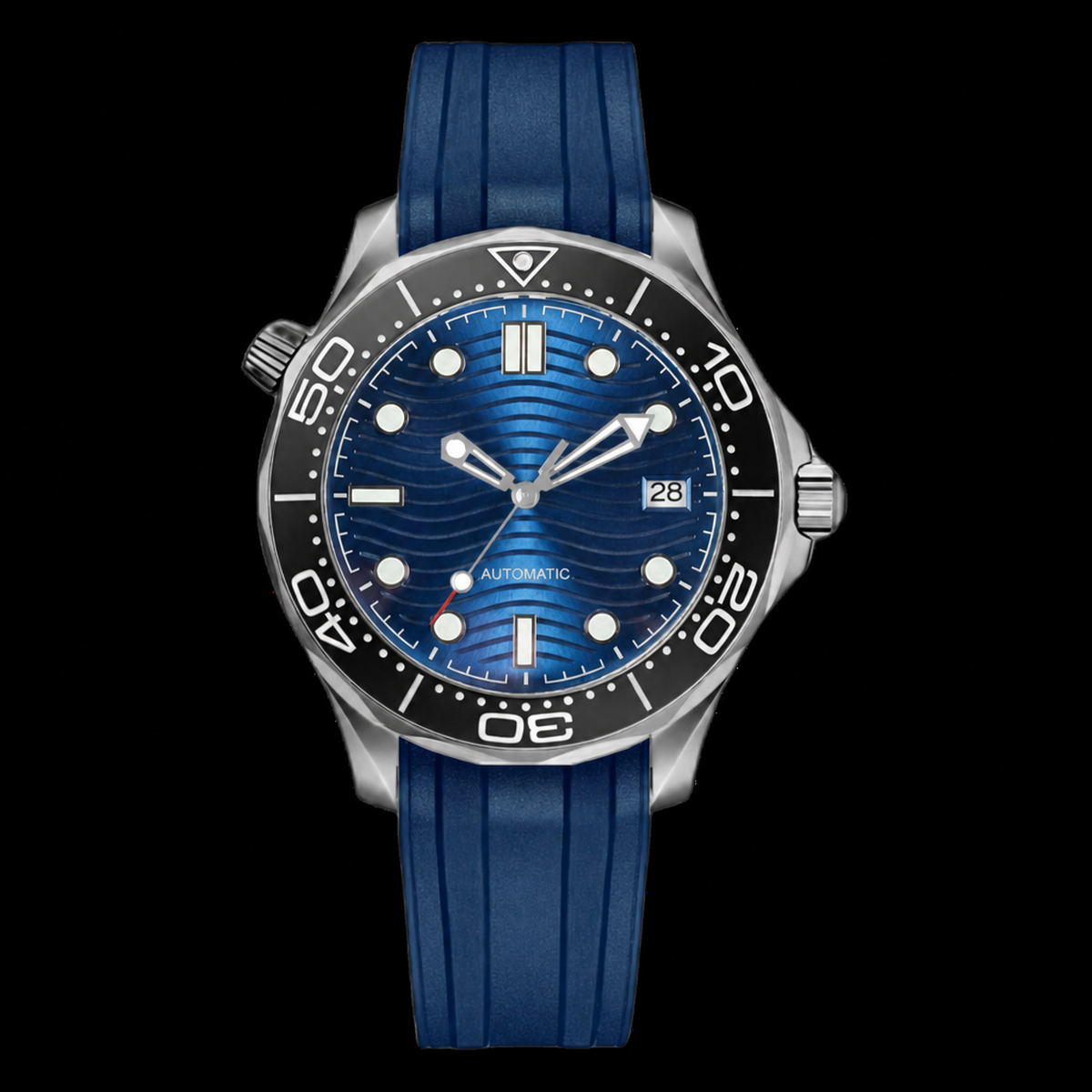 Montre Seiko mod SEIKOMASTER blue rubber, sur fond blanc — Time2Seiko