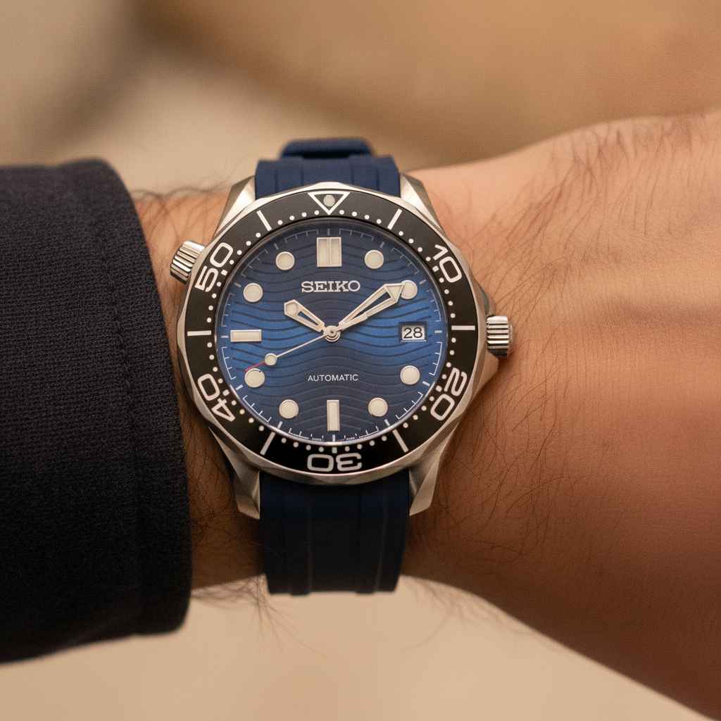 SEIKOMASTER blue rubber — porté au poignet — Time2Seiko