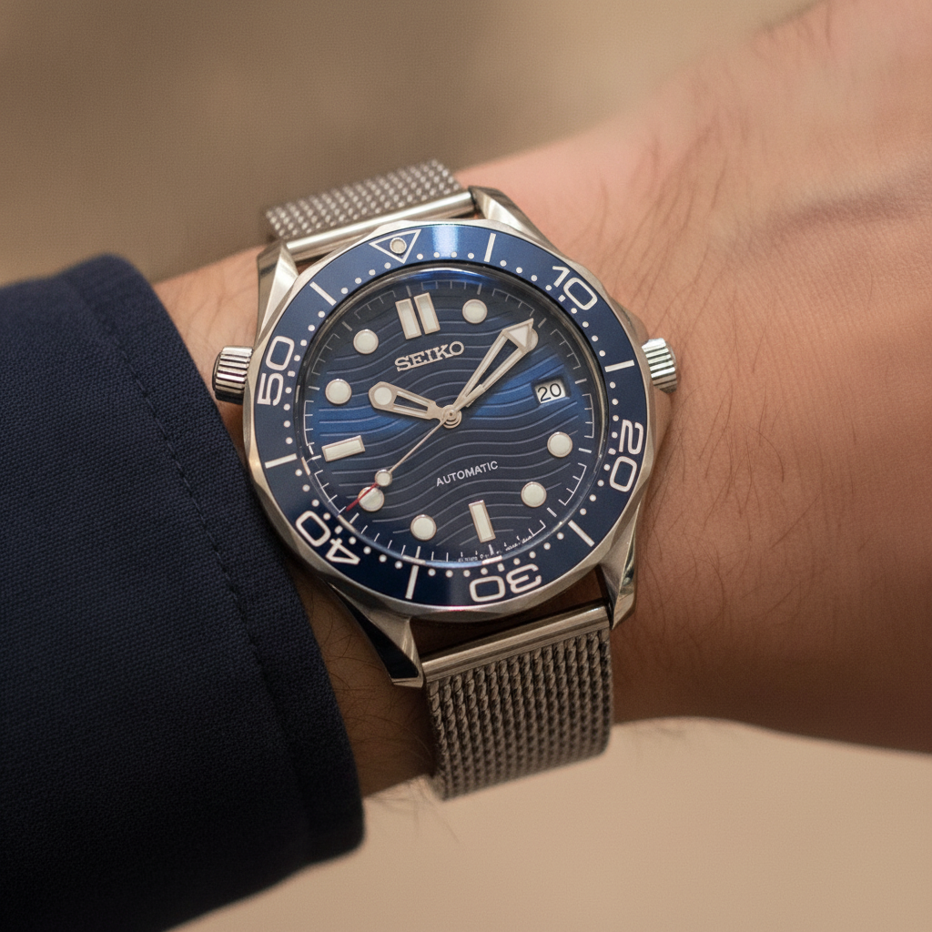 SEIKOMASTER blue wire — worn on the wrist — Time2Seiko