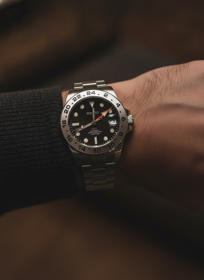 Montre Seiko Mod SEIKOMASTER explorer noire portée au poignet