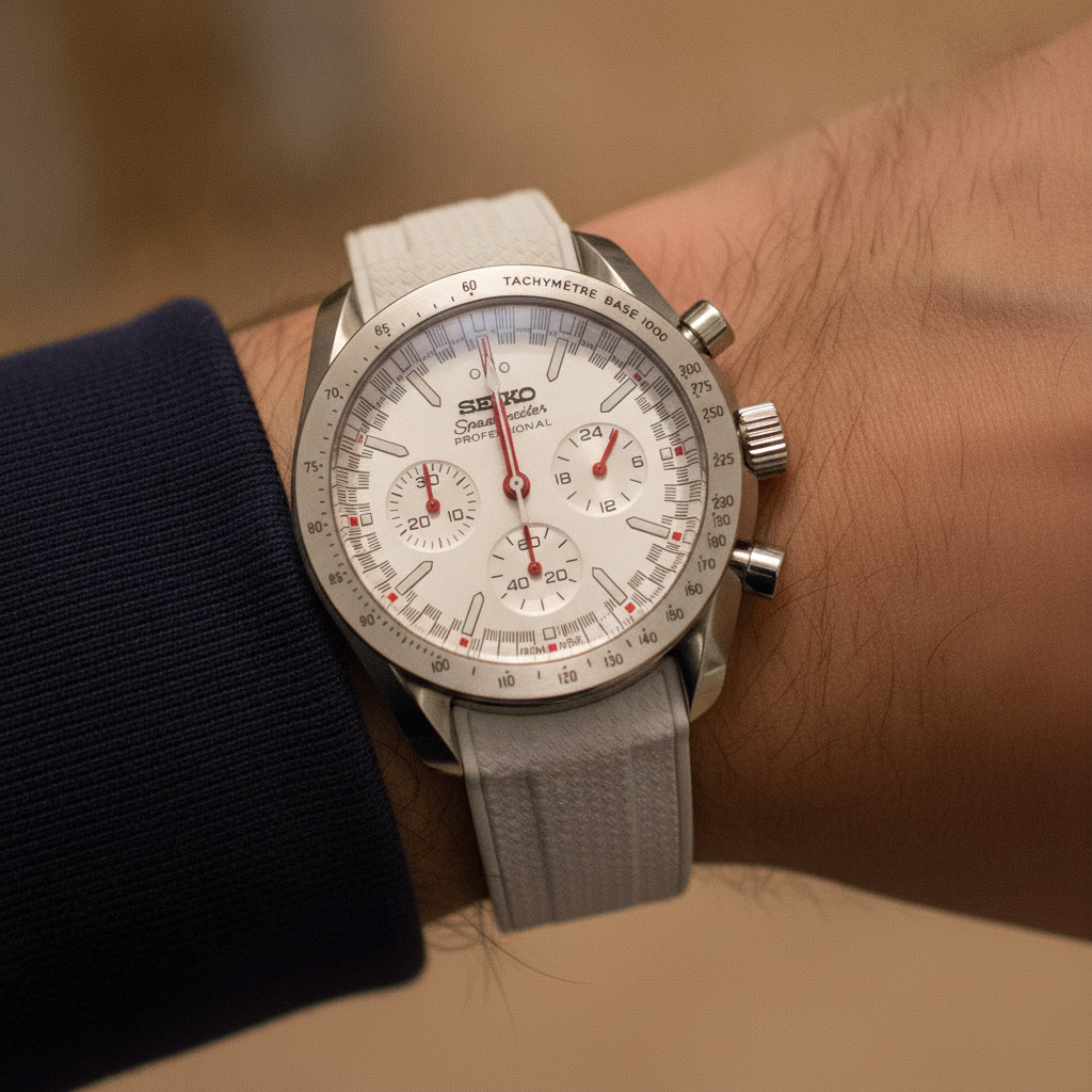 SEIKOSPEED grey mist — montre portée au poignet bracelet caoutchouc blanc — Time2Seiko