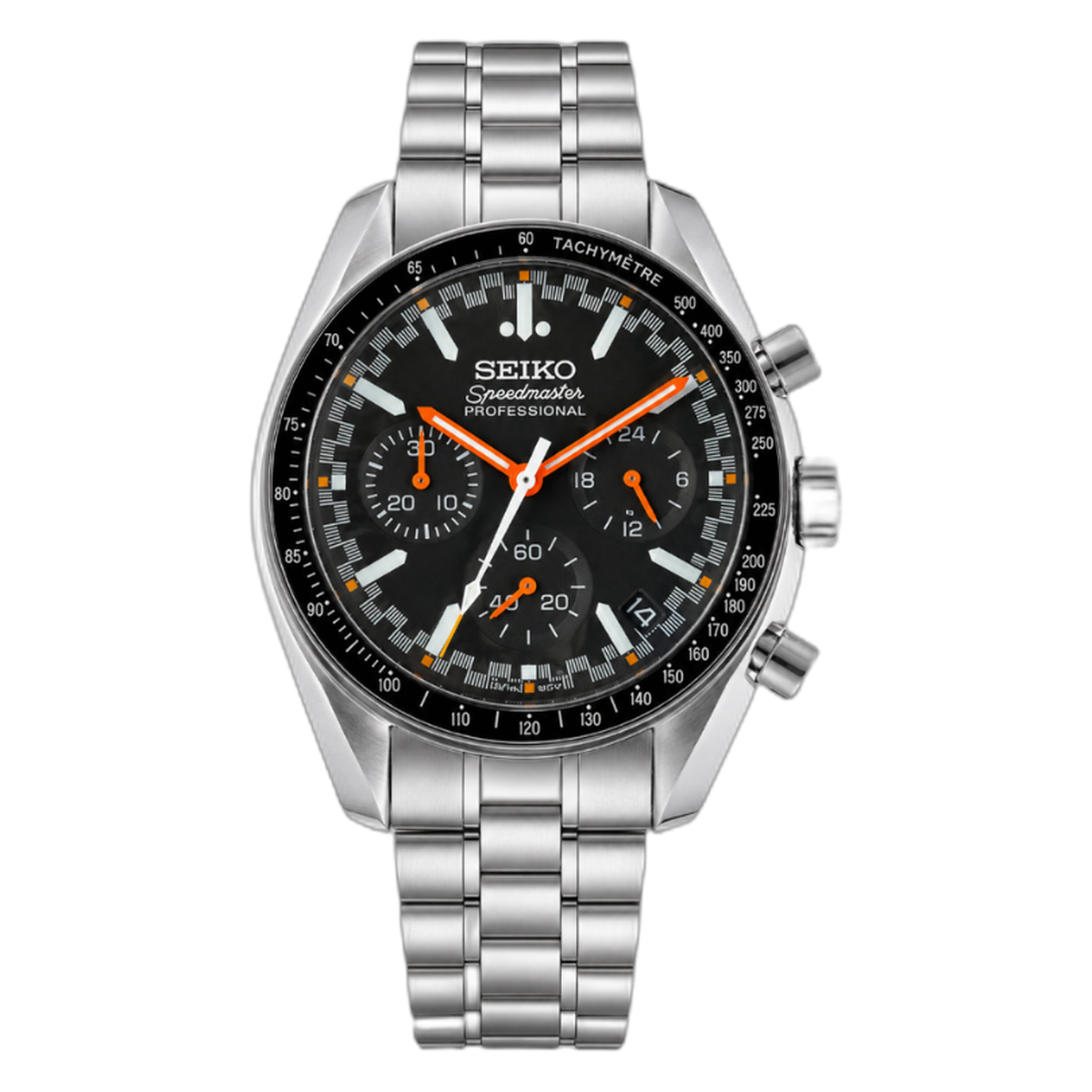 SEIKOSPEED midnight circuit — packshot détouré chronographe SEIKOSPEED cadran carbone accents orange — Seiko mod Time2Seiko