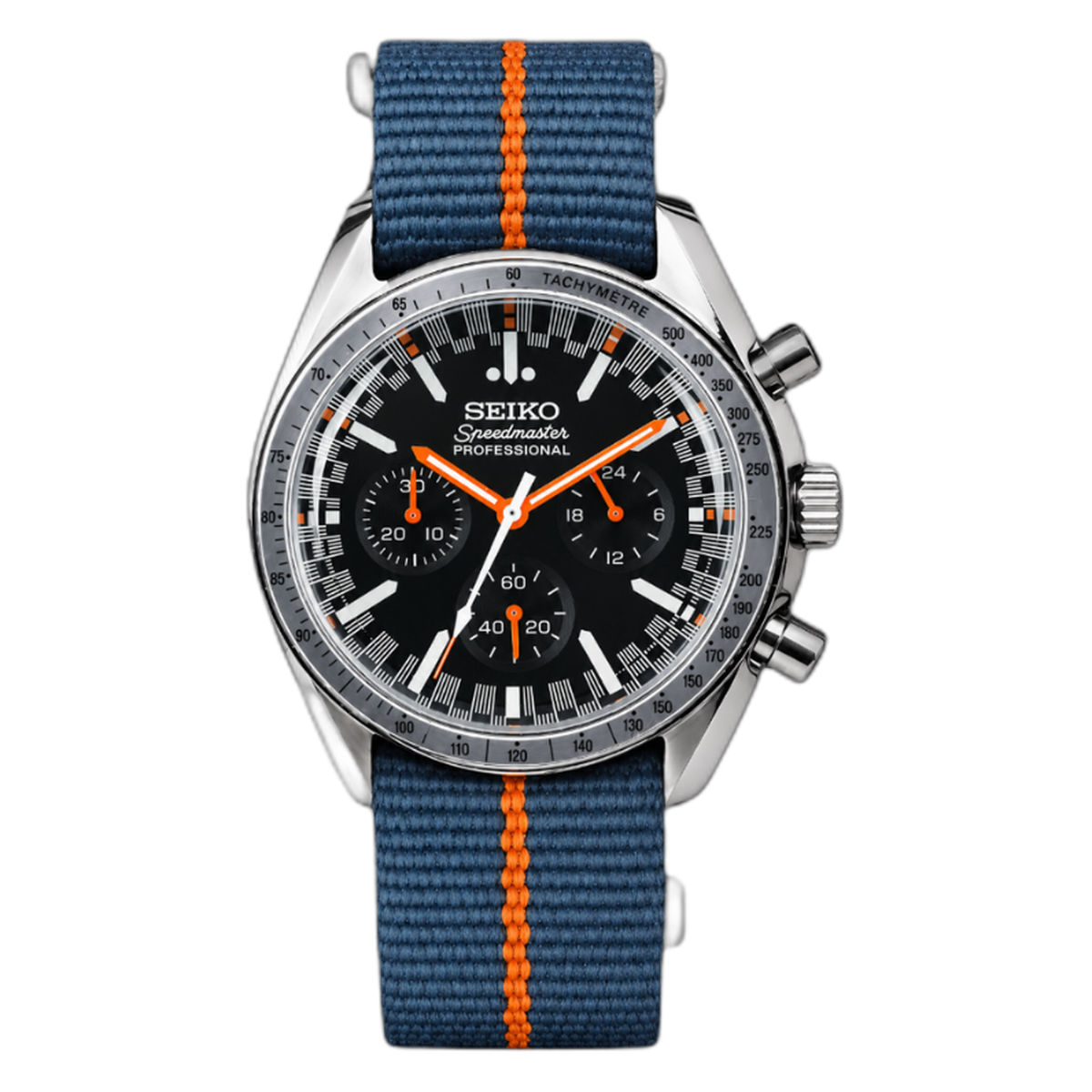 SEIKOMASTER motorsport orange — cut-out packshot, Speedmaster chronograph, black dial with orange accents — Seiko mod Time2Seiko