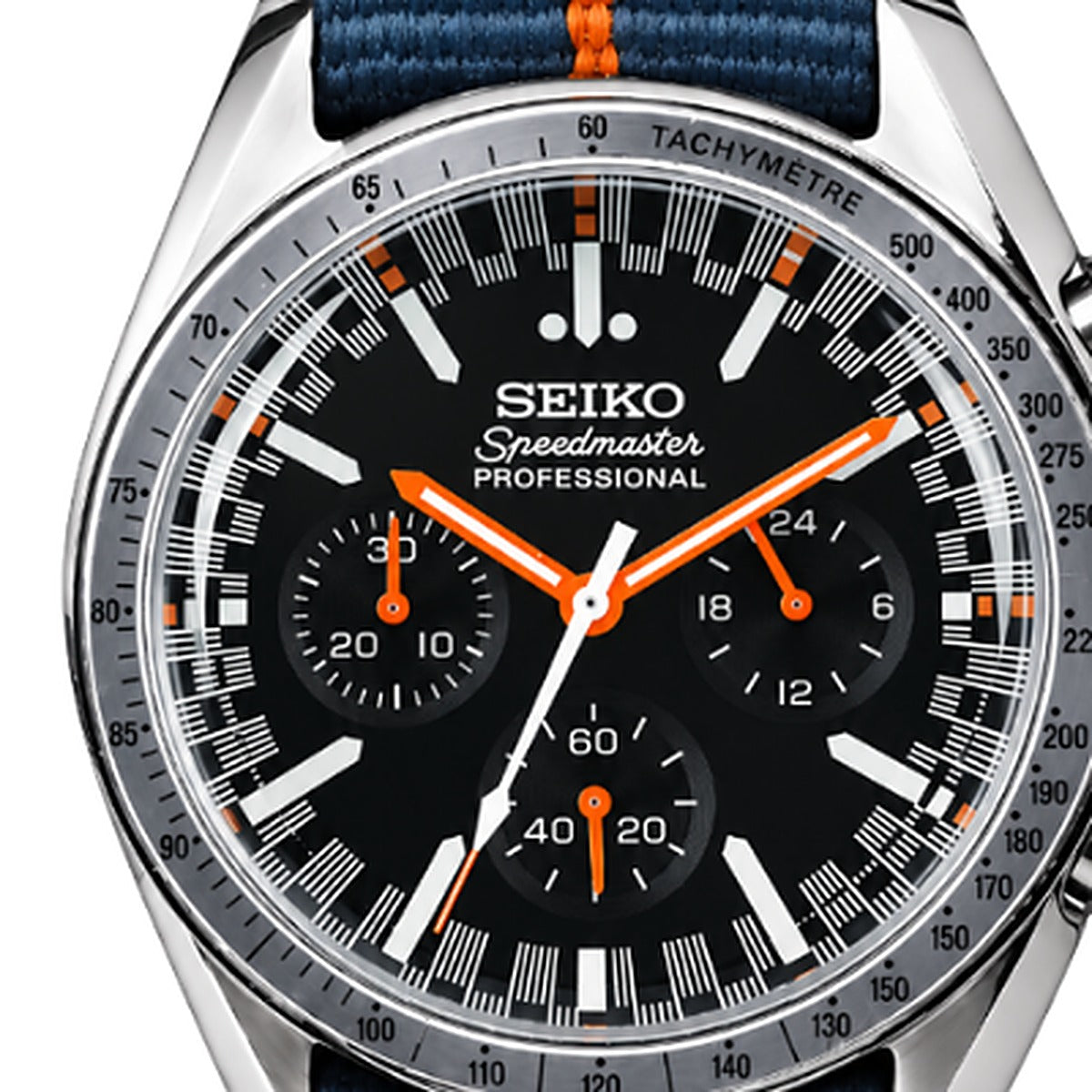 SEIKOSPEED motorsport orange — macro cadran compteurs chronographe — Time2Seiko