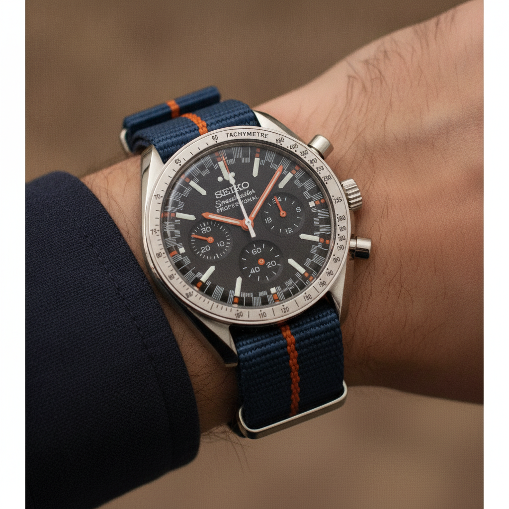 SEIKOMASTER motorsport orange — watch worn on the wrist, NATO strap — Time2Seiko