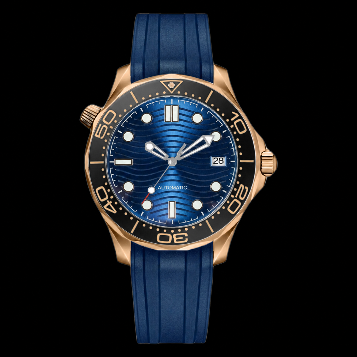 Montre Seiko mod SEIKOMASTER rosegold blue rubber, sur fond blanc — Time2Seiko
