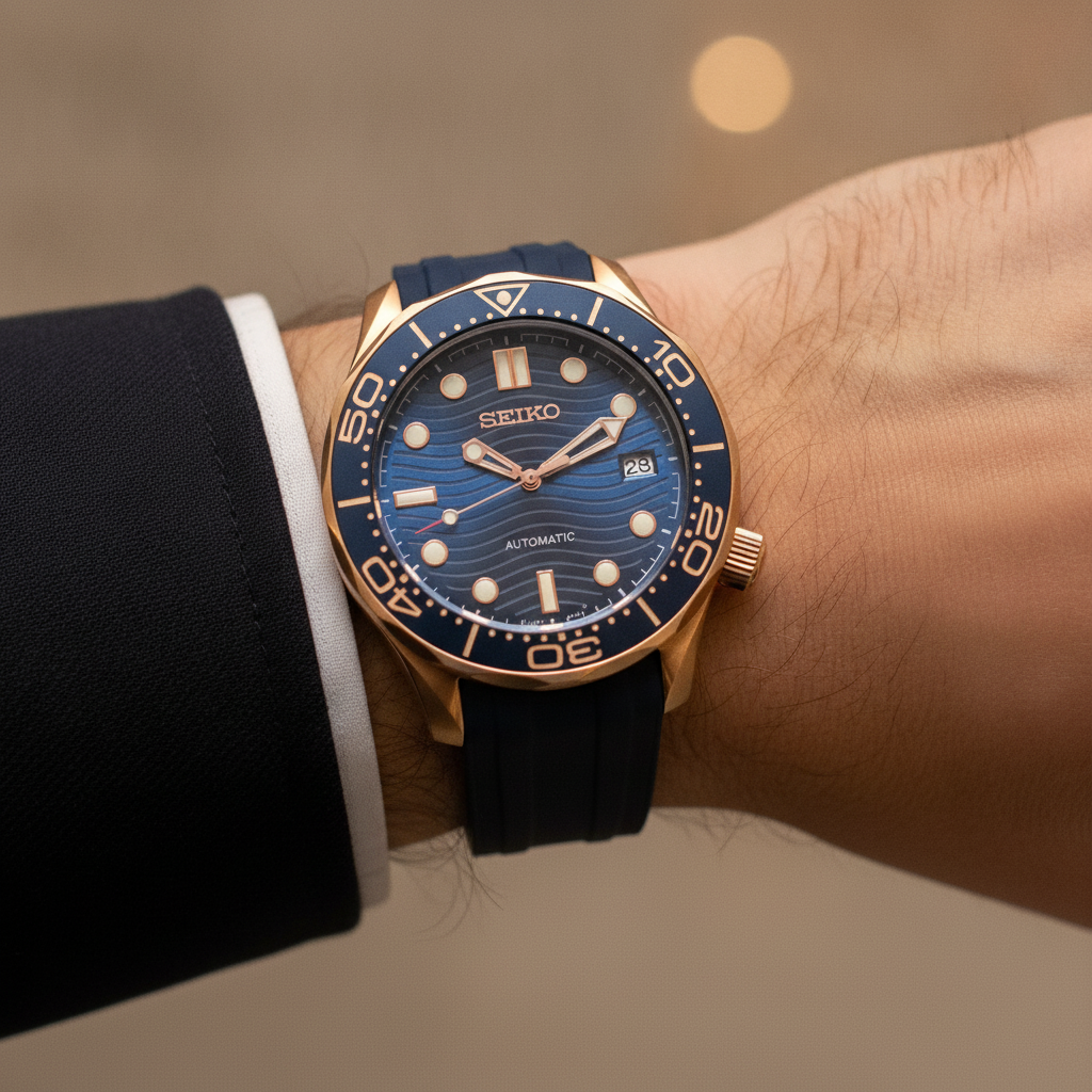 SEIKOMASTER rosegold blue rubber — worn on the wrist — Time2Seiko