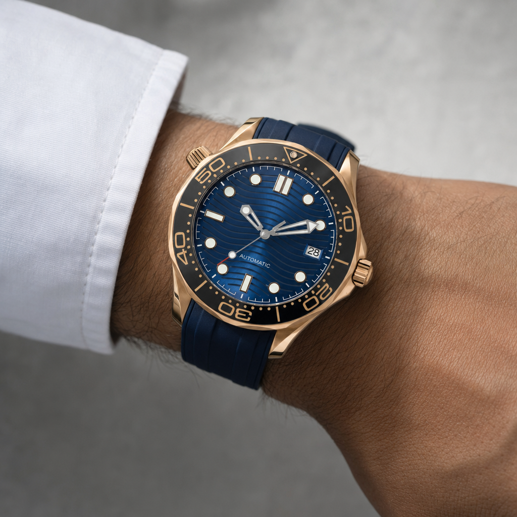 Montre Seiko mod SEIKOMASTER rosegold blue rubber portée au poignet — Time2Seiko