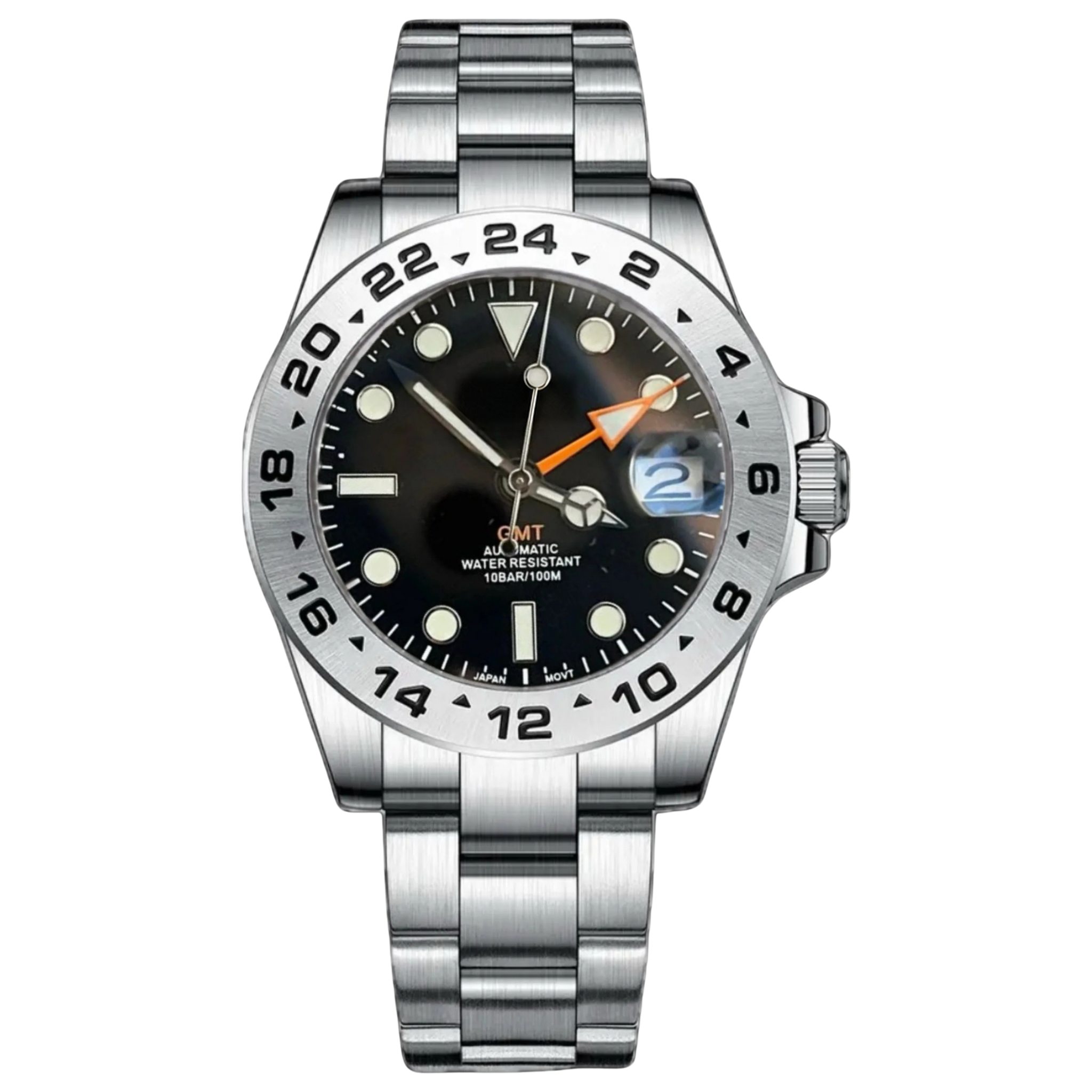 Montre Seiko mod SEIKO GMT noire, vue de face — Time2Seiko